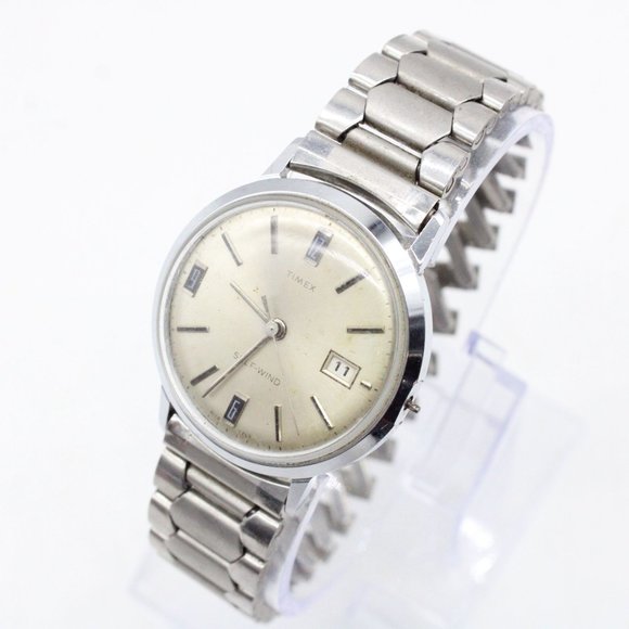 VIntage TIMEX Watch Mens Silver Tone Stainless Steel Self-Wind Date Beige Dial - Picture 3 of 10